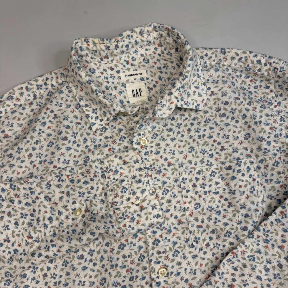 Gap Button Down Shirt Men Medium White Floral Linen Blend Long Sleeve NWOT